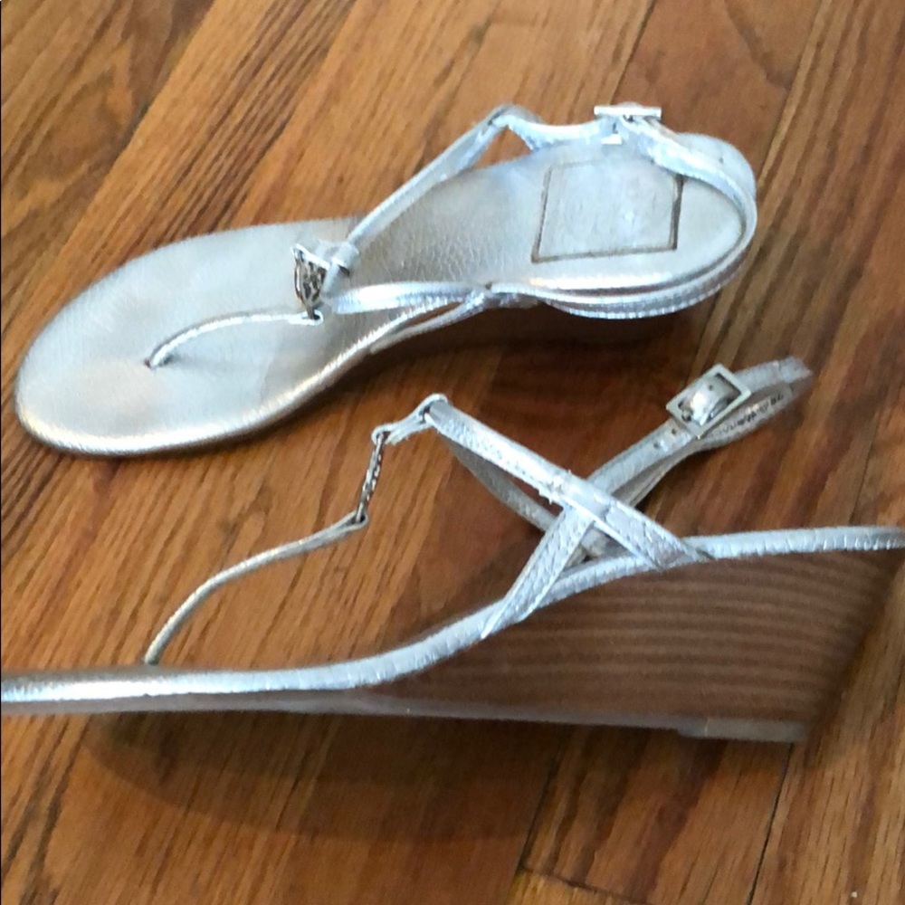 Tory Burch Kitten Wedge Silver Strappy Sandals
